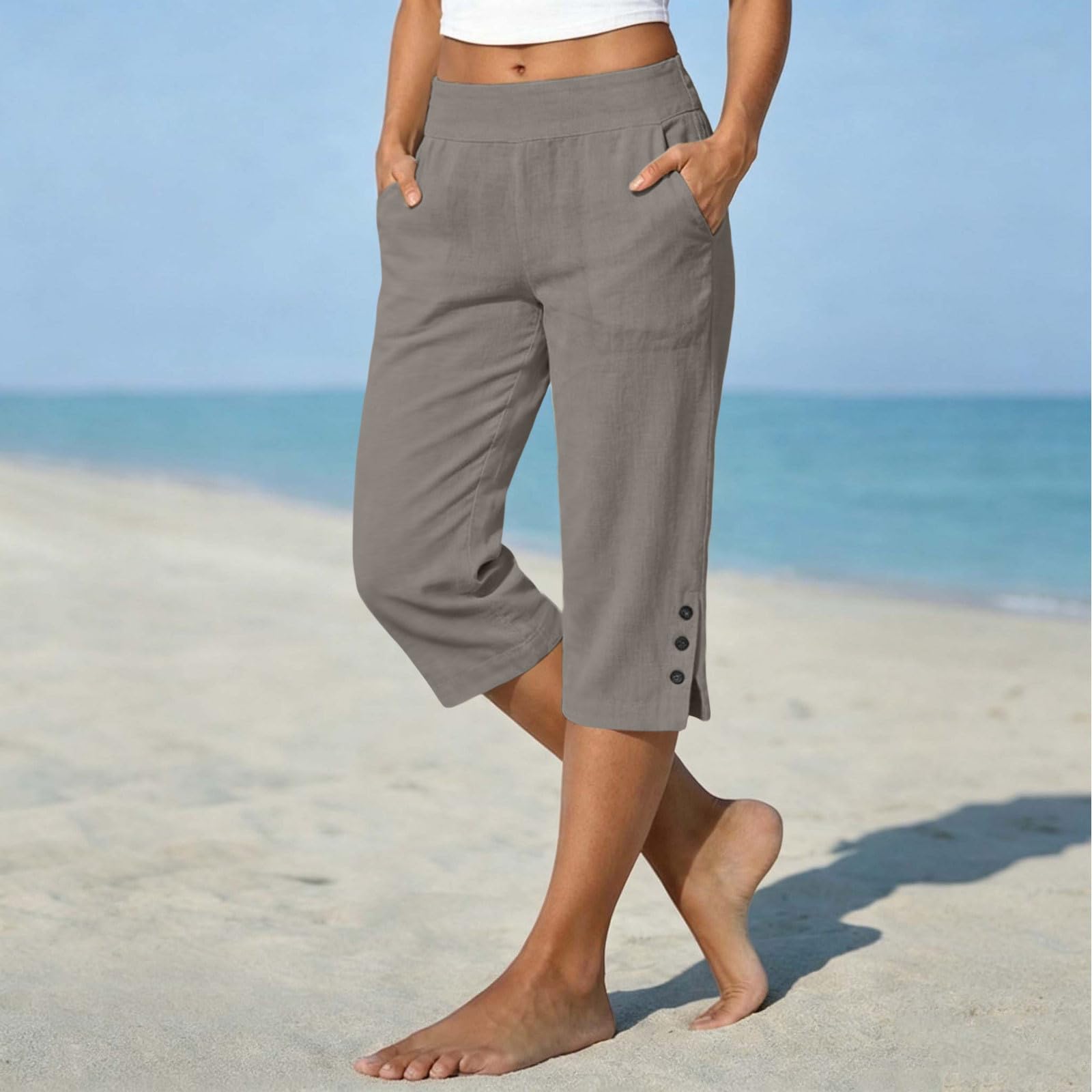 Sommerhose Damen Leicht Leinenhose Damen Sommer 3/4 Musselin Kurze Hose Leicht Leinen Sommerhose Mit Taschen Causal Atmungsaktiv Caprihose Elastische Bequeme Stoffhose Freizeit Strandhose
