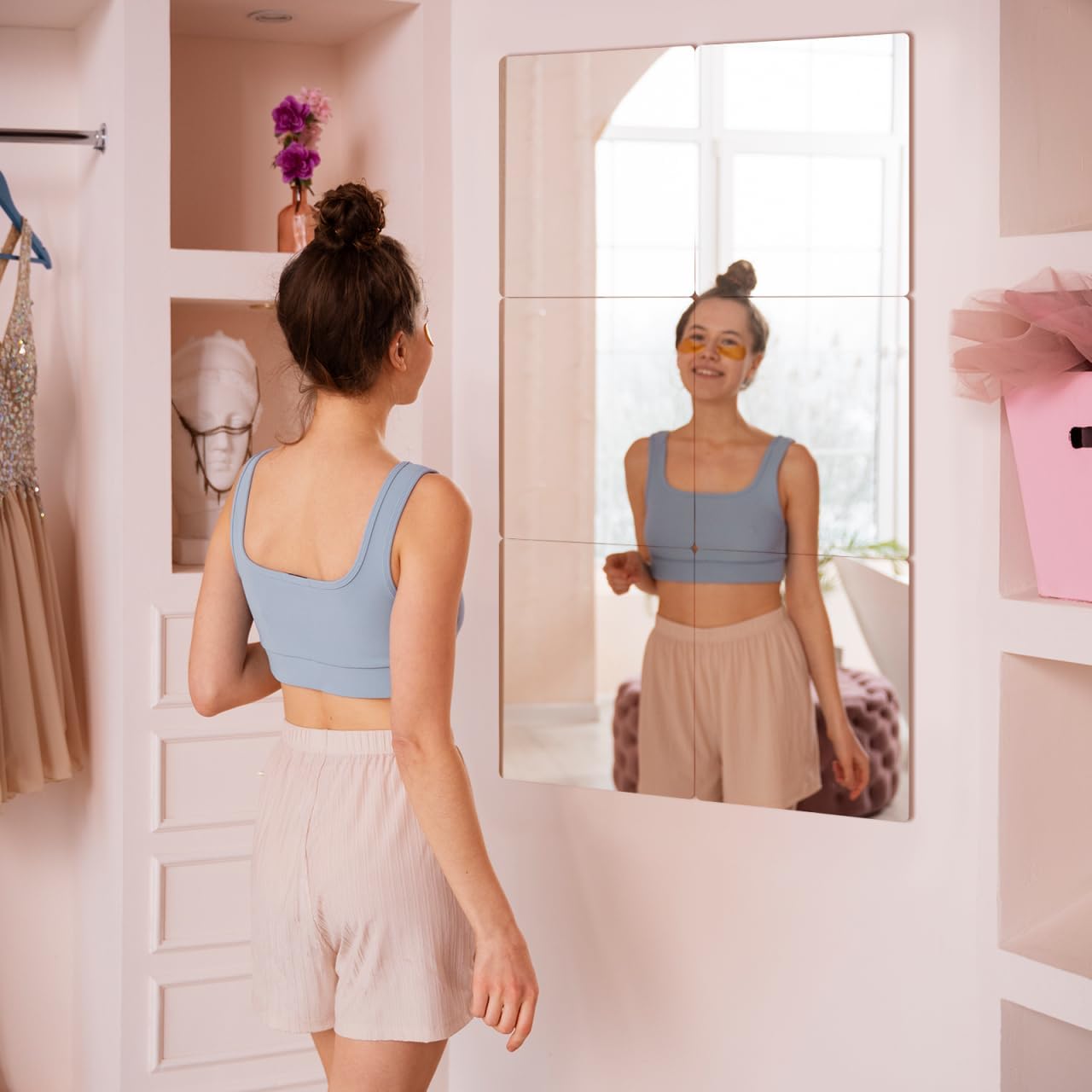 Condition photo showing New/Like New for cabilock 4 pack acrylic mirror tiles 16x16 inch self adhesive full length wall mirrors with rounded corners shatterproof stick on sheets for bathroom home decor