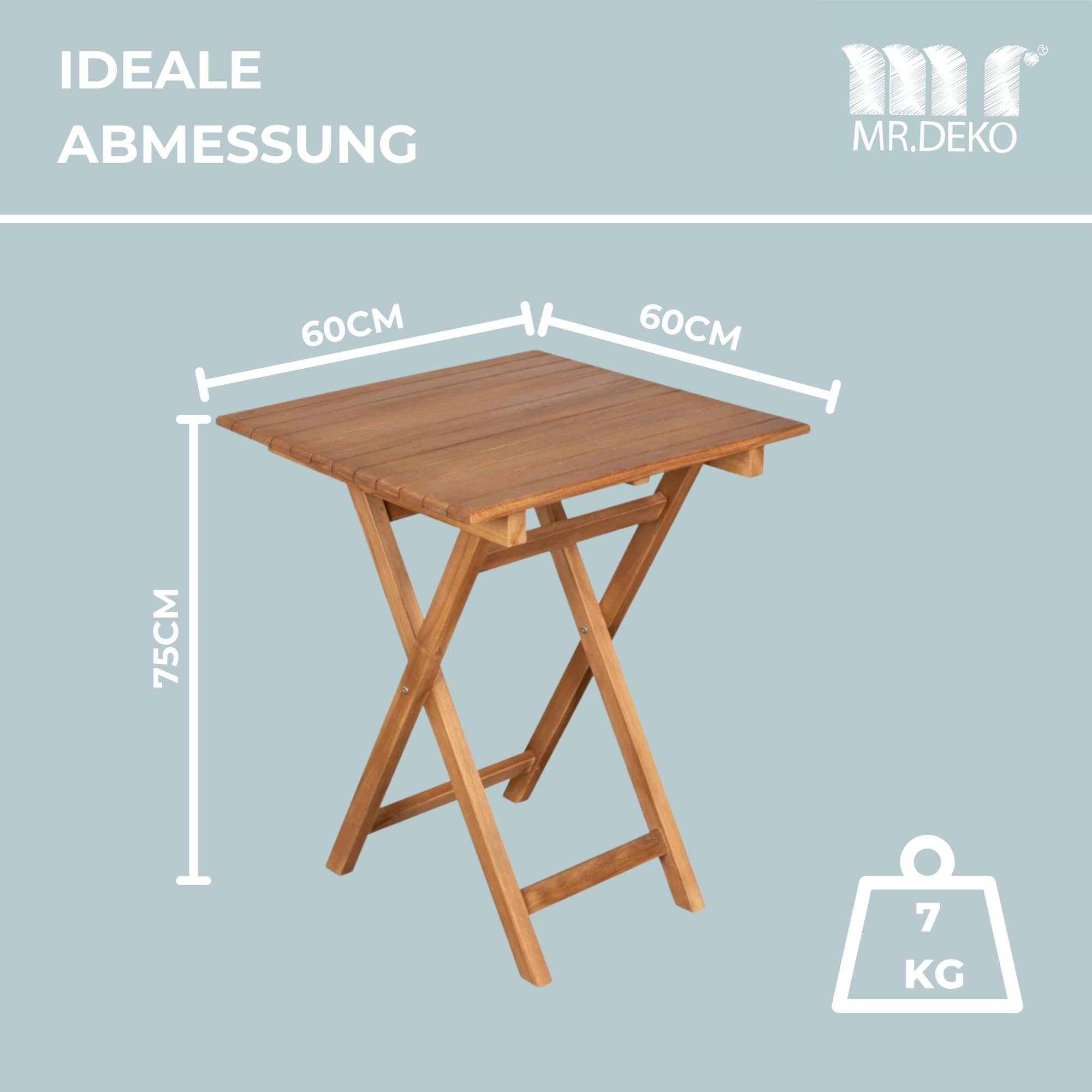MR. DEKO Gartentisch Porton Teak Holz 60x60 cm | Balkontisch Wetterfest Massivholz | Outdoor Tisch Klein | Kleiner Gartentisch Holz | Terrassentisch Balkon | Gartentische Klappbar Teakholz