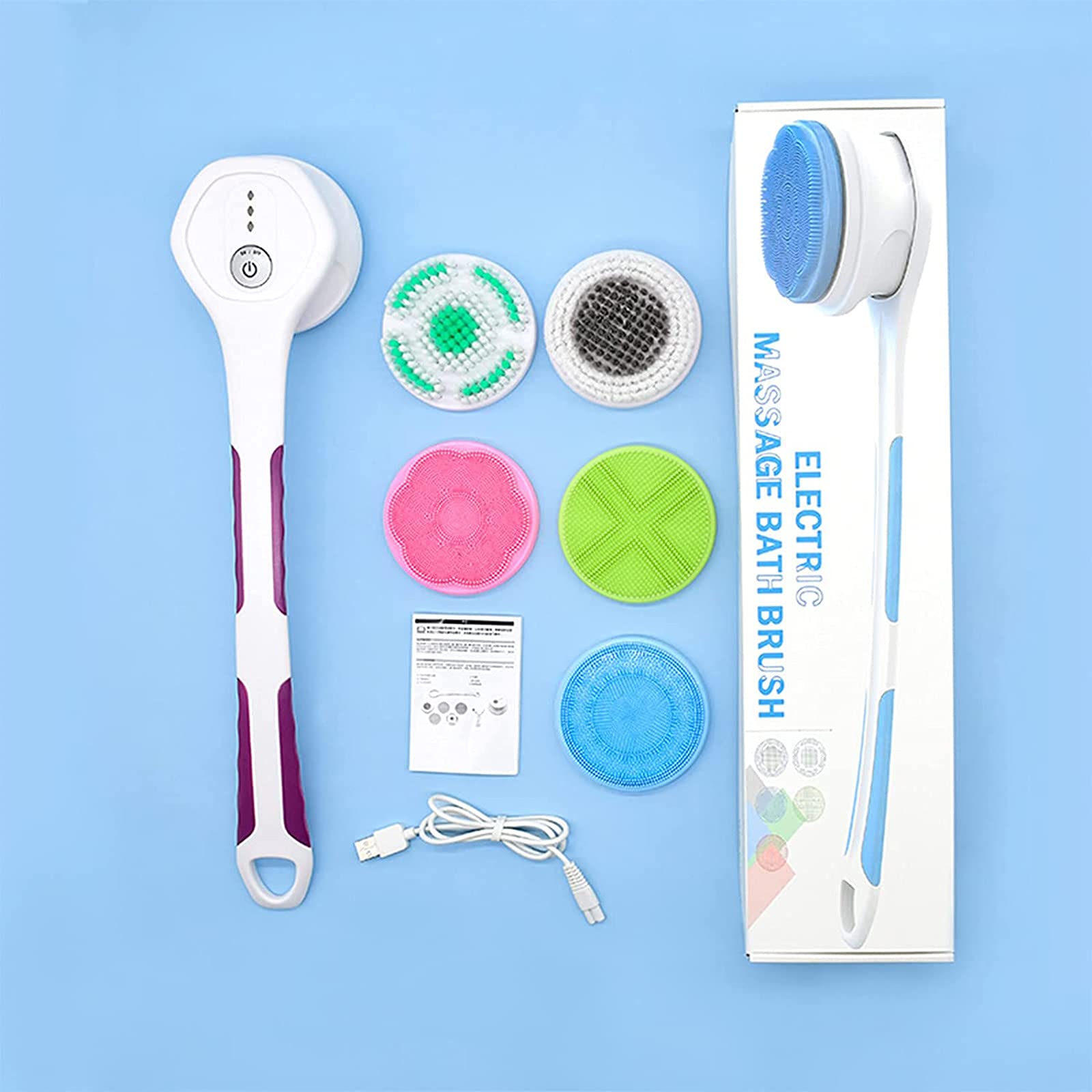 M-TOP Cepillo de Bano para la Espalda Cepillo Eléctrico para Baño Corporal con Cabeza de 5 Cepillos, Cepillo de Masaje de Ducha Automático Exfoliante Mejora la Circulación Sanguínea