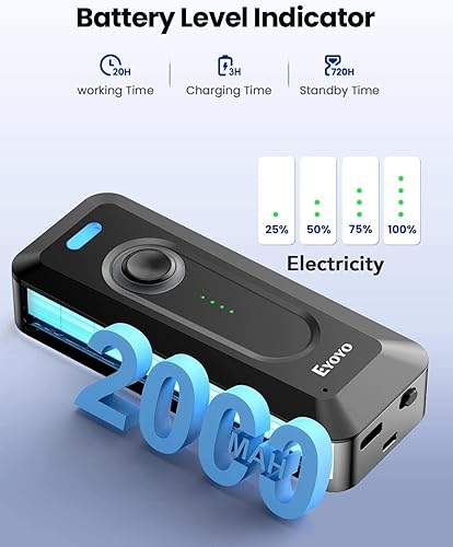 Miniatura 3 de Eyoyo Escáner de código de barras Bluetooth 2D inalámbrico con clip, batería de 2000 mAh con indicador de nivel, mini lector de códigos de barras QR