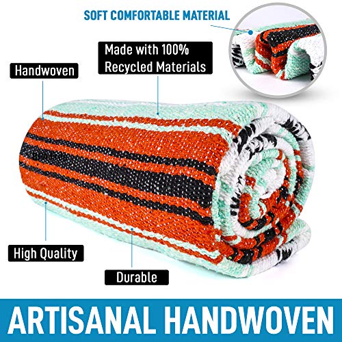 Handcrafted Mexican Blankets, Artisanal Handwoven Serape Blanket, Authentic Falsa Blanket, Great As Beach Blanket, Camping Blanket, Picnic Blanket, Outdoor Blanket, Boho Throw Blankets, Mint Orange