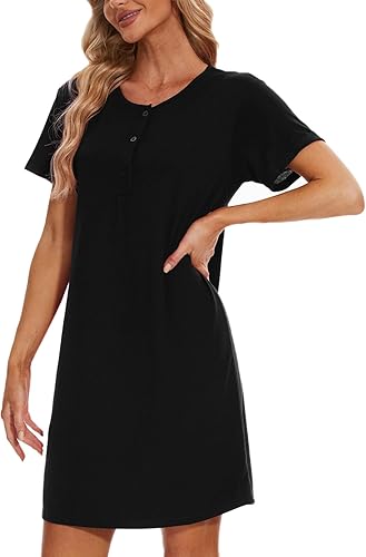 Vista 4 de HONG HUI Camisón de manga corta para mujer, ropa de dormir con estampado, ropa de dormir suelta, ropa de dormir