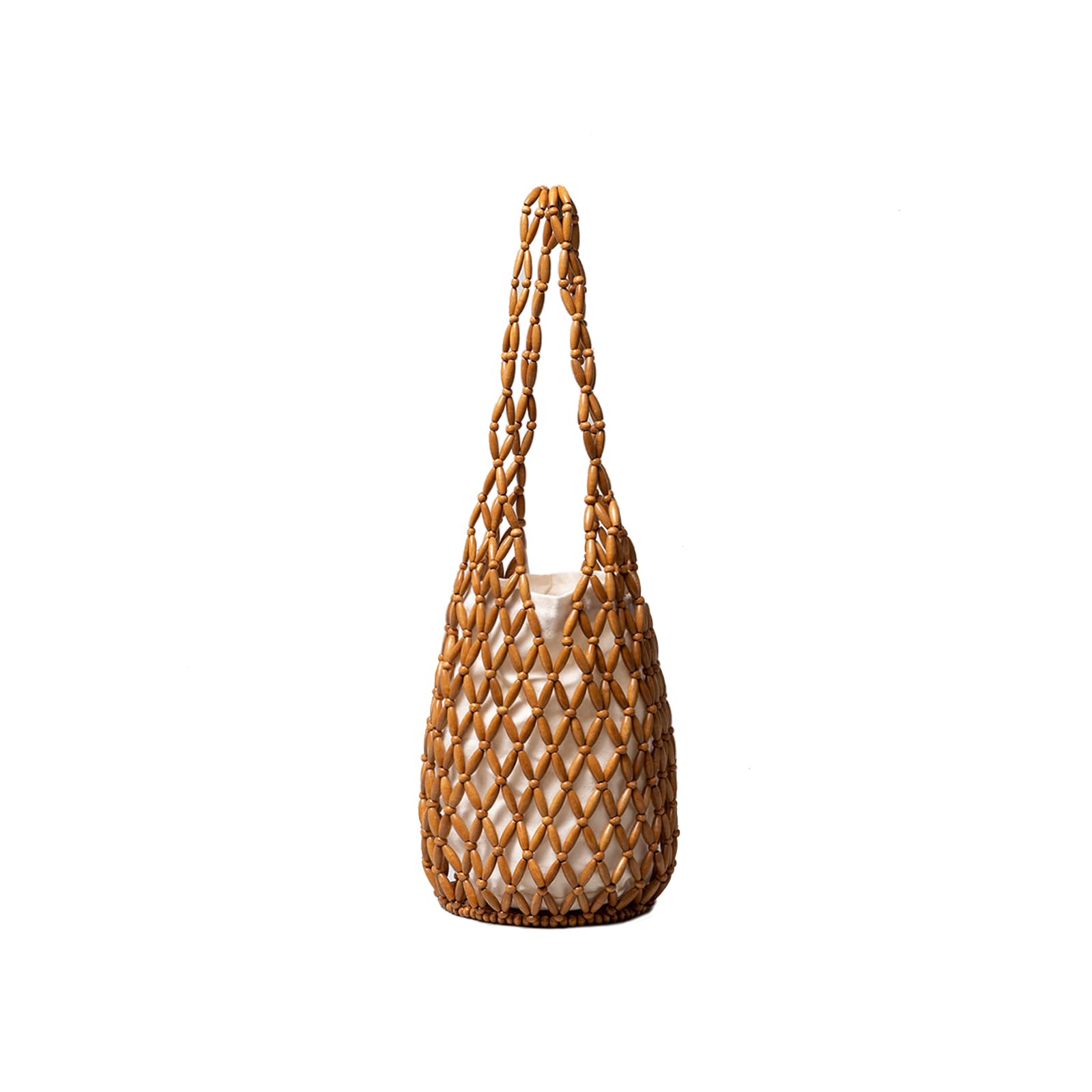 Tejidos a Mano para Mujer Madera Abalorios Bolsa de Cubo Tejido Bolsos de Playa Calado Bolso de Mano Bolso Tote para Estilo Boho Bolsos de Verano para Vacaciones Fiesta Citas Marrón