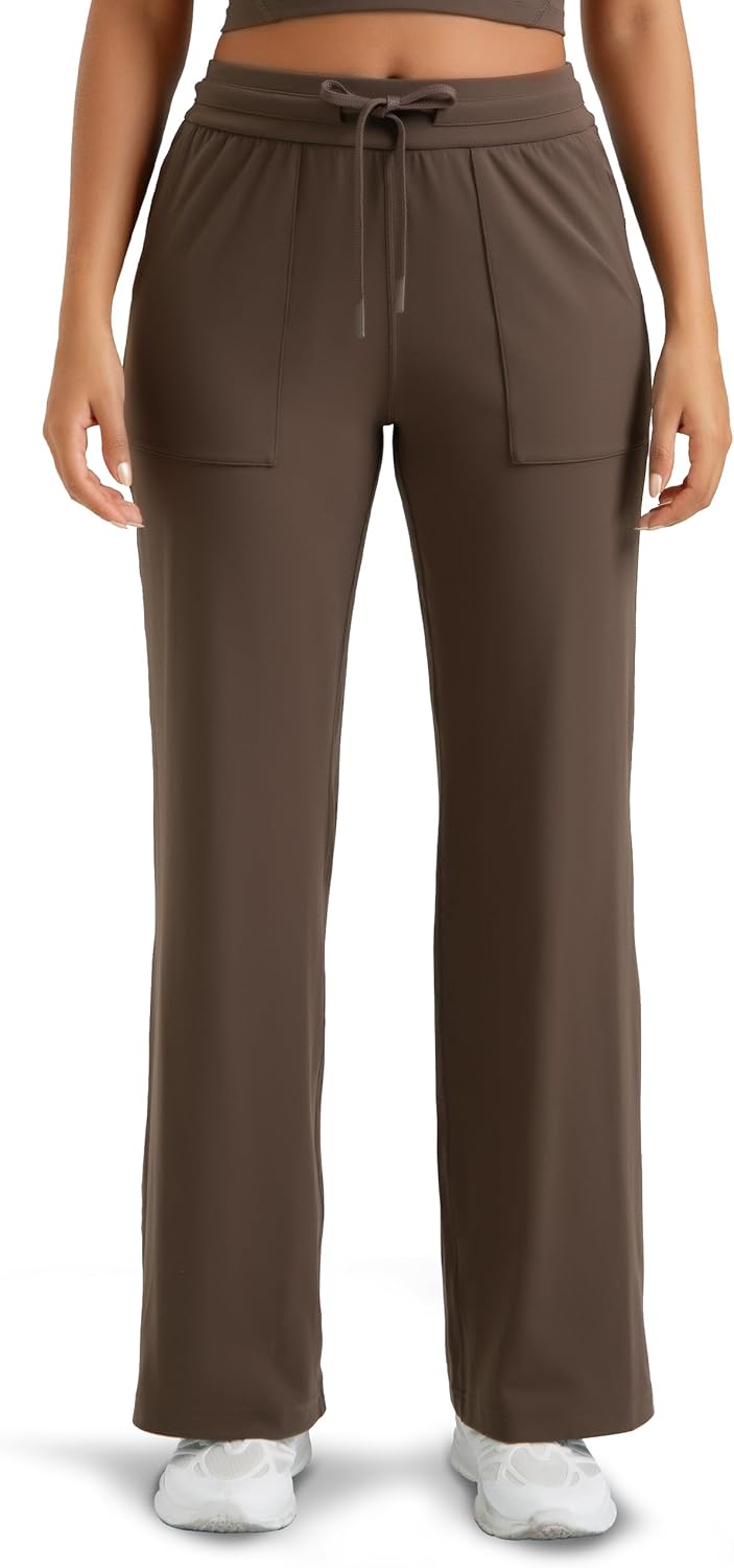 Colorfulkoala Dreamlux Wide Leg Pants Women Lounge High Waisted Work Pants with Pockets 27.5"/30.5" Standard Large Cocoa