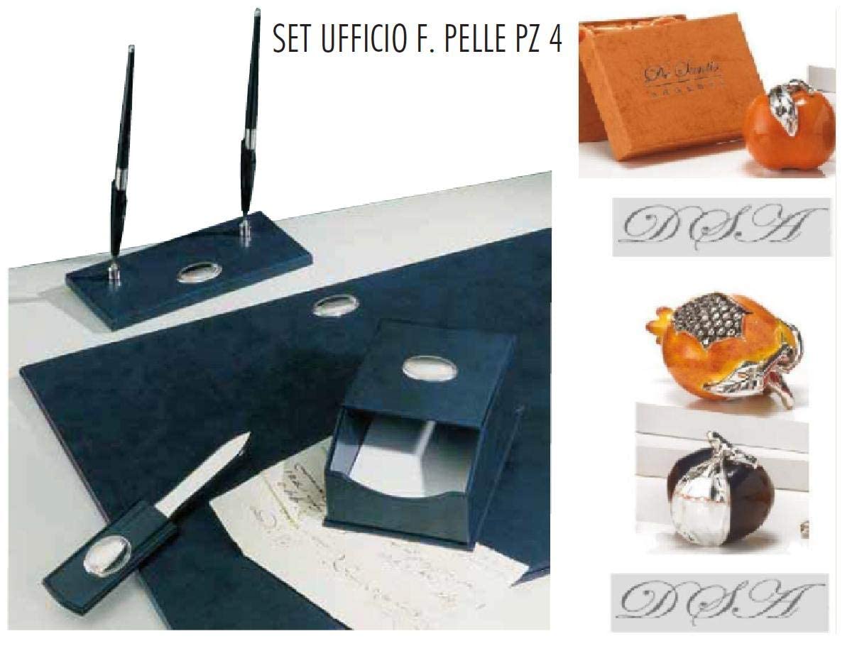 SET UFFICIO e SCRIVANIA 4 PEZZI con STILOFORO a 2 PENNE in ECO PELLE Blù NOTTE e nr.4 LASTRE OVALI IN ARGENTO 925% 1250