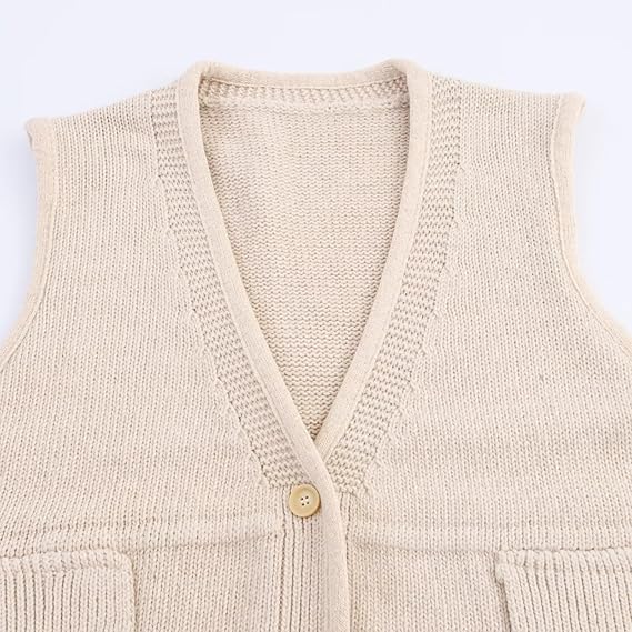 Knit Vest, Beige, Sleeveless Cardigan with Pockets, Button Front, V-Neck