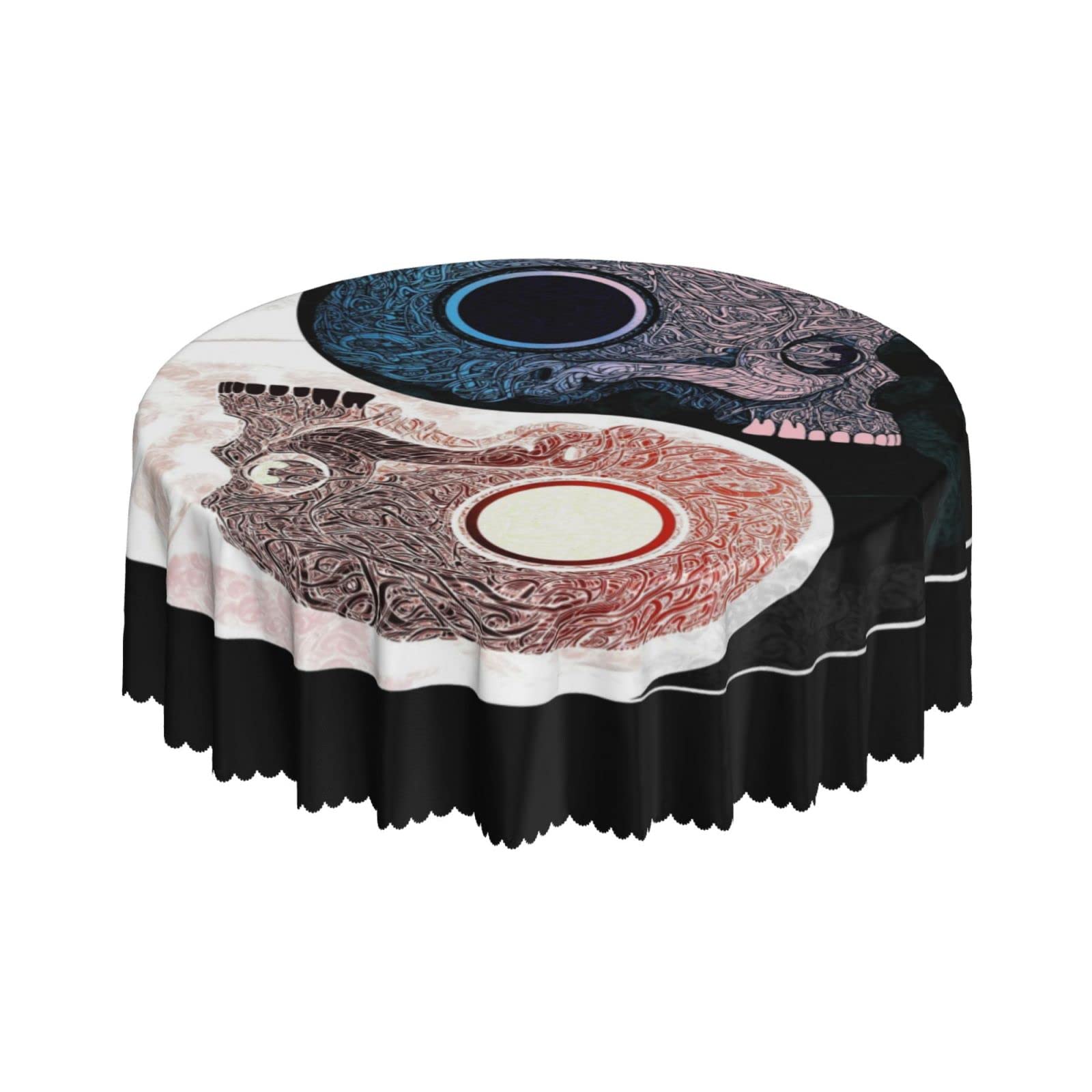 Lsjuee Abstract Yin and Yang Skull Death Black Round Tablecloth 60 Inch Printed Washable Tablecloth for Dining Party Holiday Fall Home Decorative