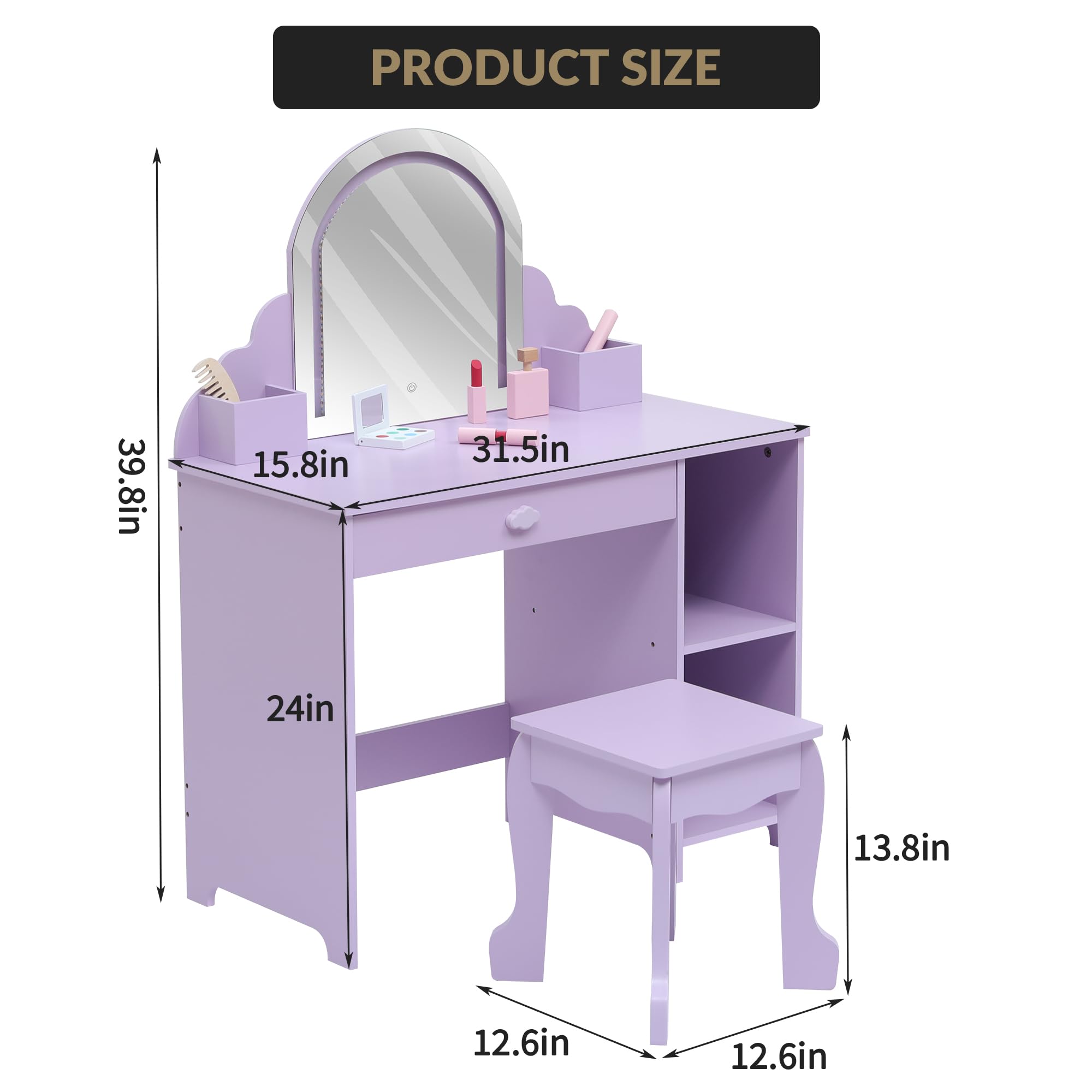 Garvee Kinder-Kosmetiktisch Mit Beleuchtungsspiegel & Hocker – Schminktisch Für Kleine Mädchen Inklusive Holz-Kosmetikset, Verstellbarer LED-Beleuchtung, Für Mädchen Von 3-9 Jahren