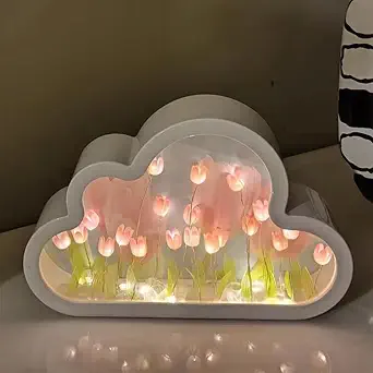 DIY Cloud Tulip Mirror Night Light - Simulation Flower Bedroom Table Lamp, Creative Home Decor for Teen Girls (Pink)