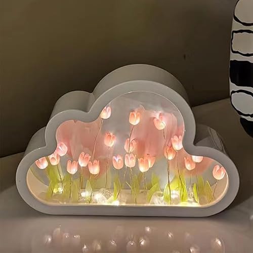 DIY Cloud Tulip Mirror Night Light, Simulation Flower Bedroom Cloud