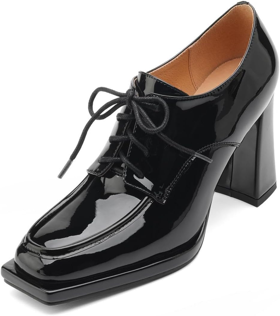 TinaCus Women's Patent Leather Square Toe Lace-up High Block Heel Handmade Oxford Pumps