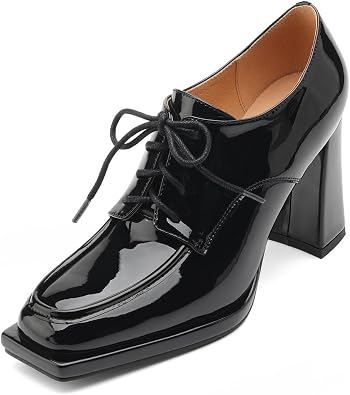 TinaCus Womens Patent Leather Square Toe Lace-up High Block Heel Handmade Oxford Pumps