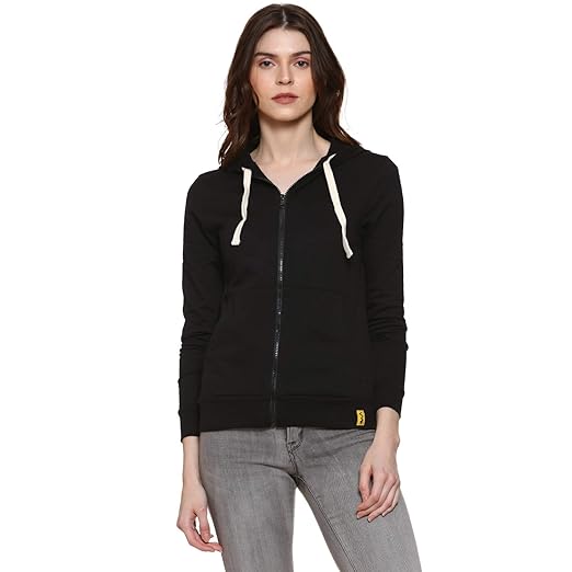 Womens Black Solid Zipper Sweatshirt with Hoodie Regular Fit for Casual Wear | Cotton Blend Fabric |Trendy Sweatshirt Crafted with Comfort Fit & High Performance for Everyday Wear