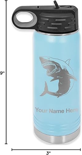 Miniatura 8 de LaserGram Botella de agua de doble pared abatible de 20 onzas con pajilla, gran tiburón blanco, grabado personalizado incluido (azul claro)