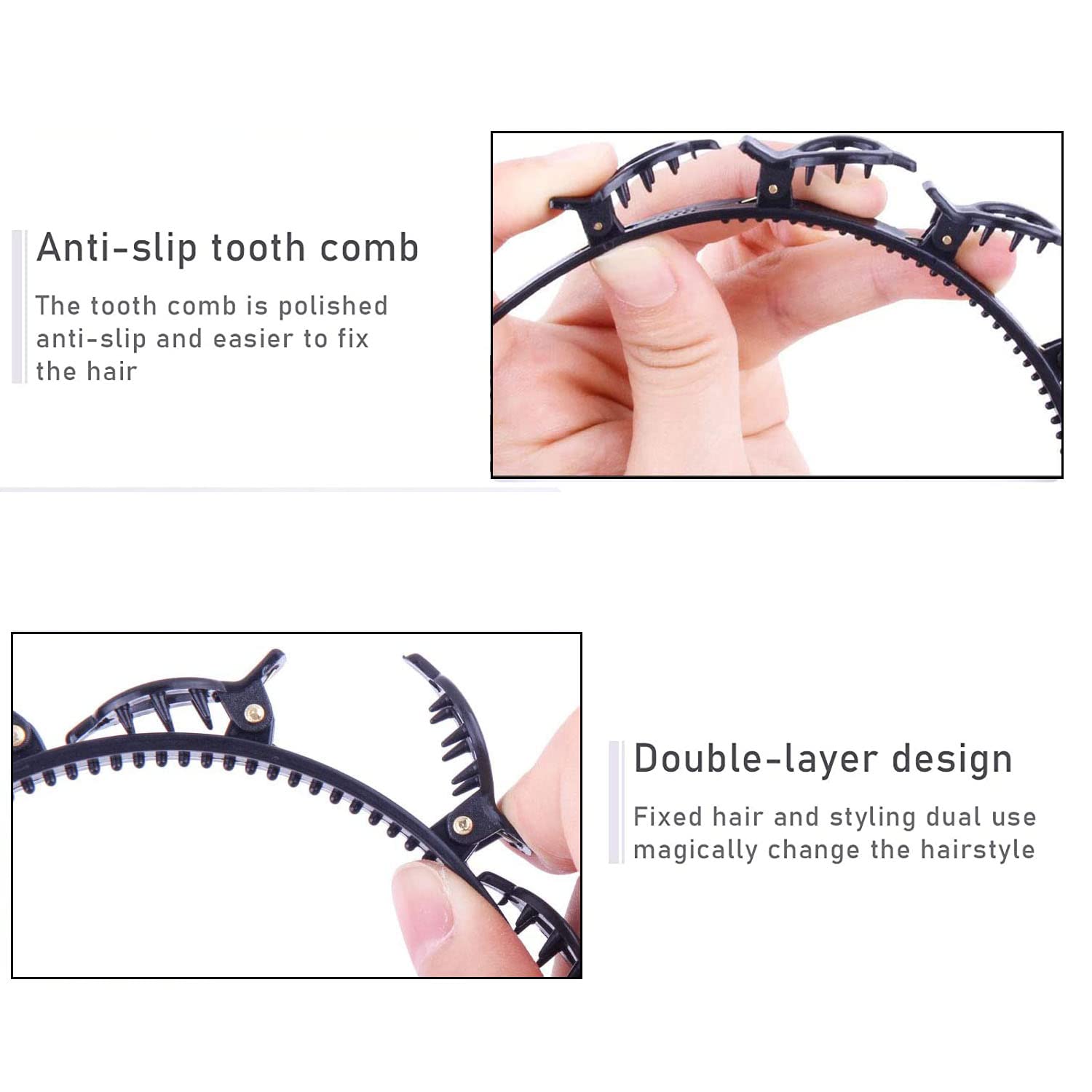 2 fasce per capelli con clip, colore nero, doppia frangia, forcina per capelli con clip, fascia per capelli a doppio strato per donne