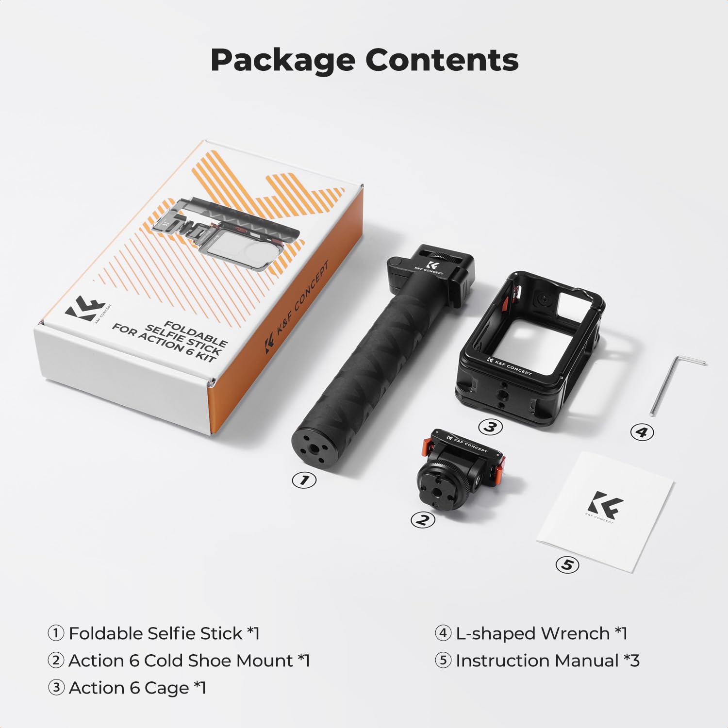 K&F CONCEPT 92.5 cm Action Camera Selfie Stick z klatką Osmo Action 6 i magnetycznym adapterem do szybkiego montażu, składany gwint 1/10.2 cm niewidoczny drążek przedłużający stop