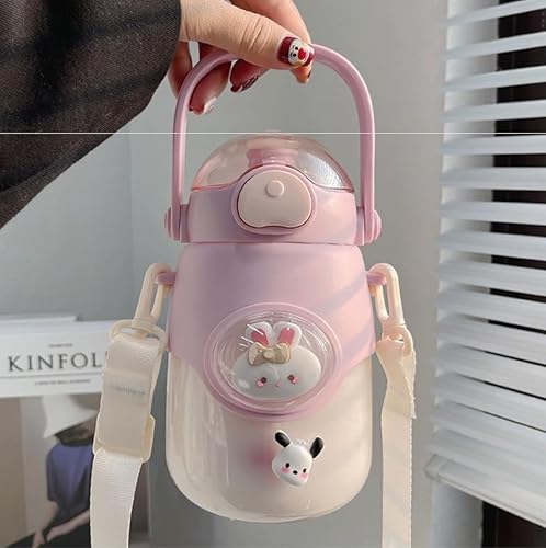 JHTPSLR Botella de agua Kawaii de 28 onzas, botella de agua de gran capacidad con pajilla y asa con colador, lindas tazas kawaii, botellas