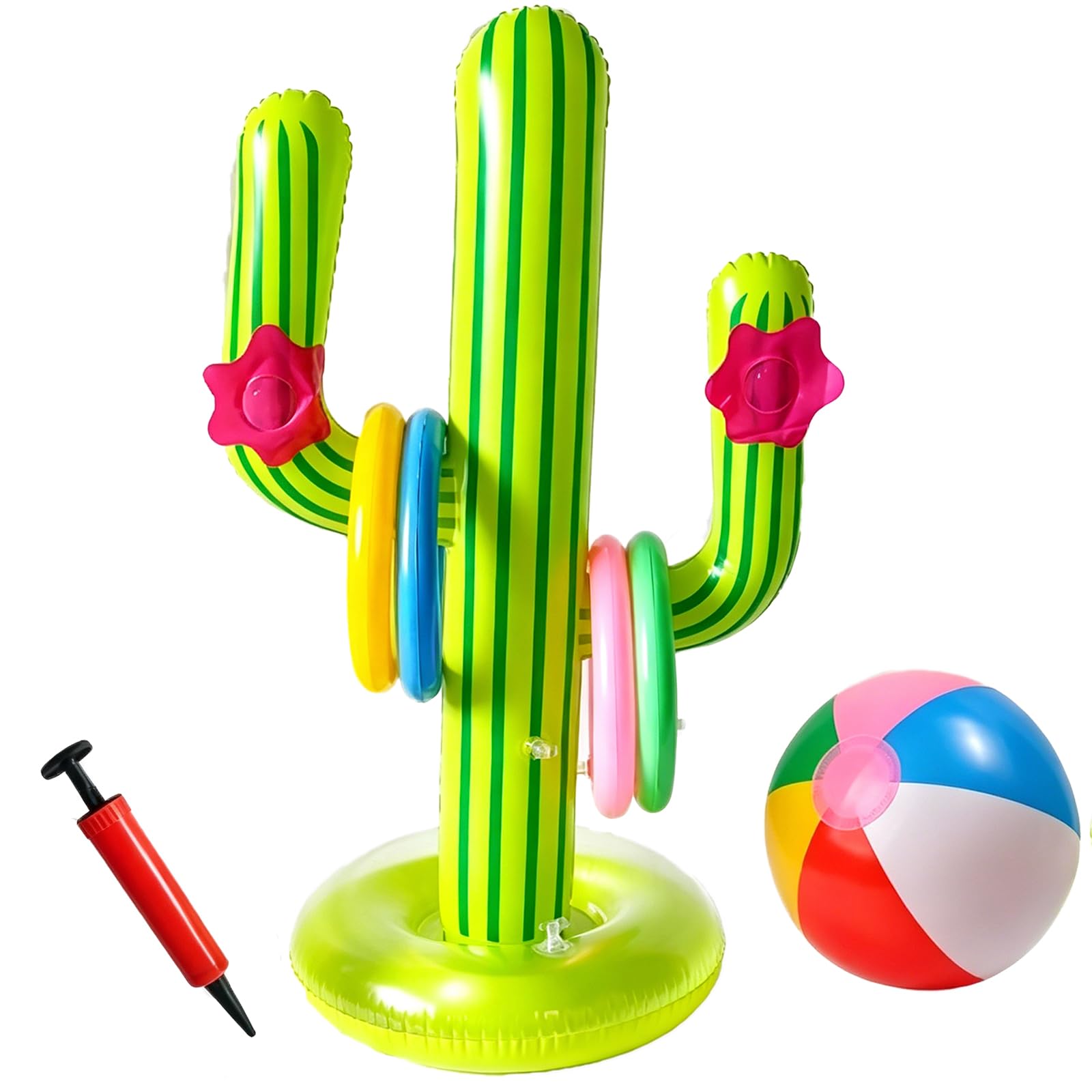 Inflatable Pool Toys Cactus, Swimming Pool Games for Holiday, 7-Piece Ring Toss Set with Cactus Toy, Garden Party Activities for Outdoor and Indoor Recreation, Includes 22 cm Ball and 18 cm Rings