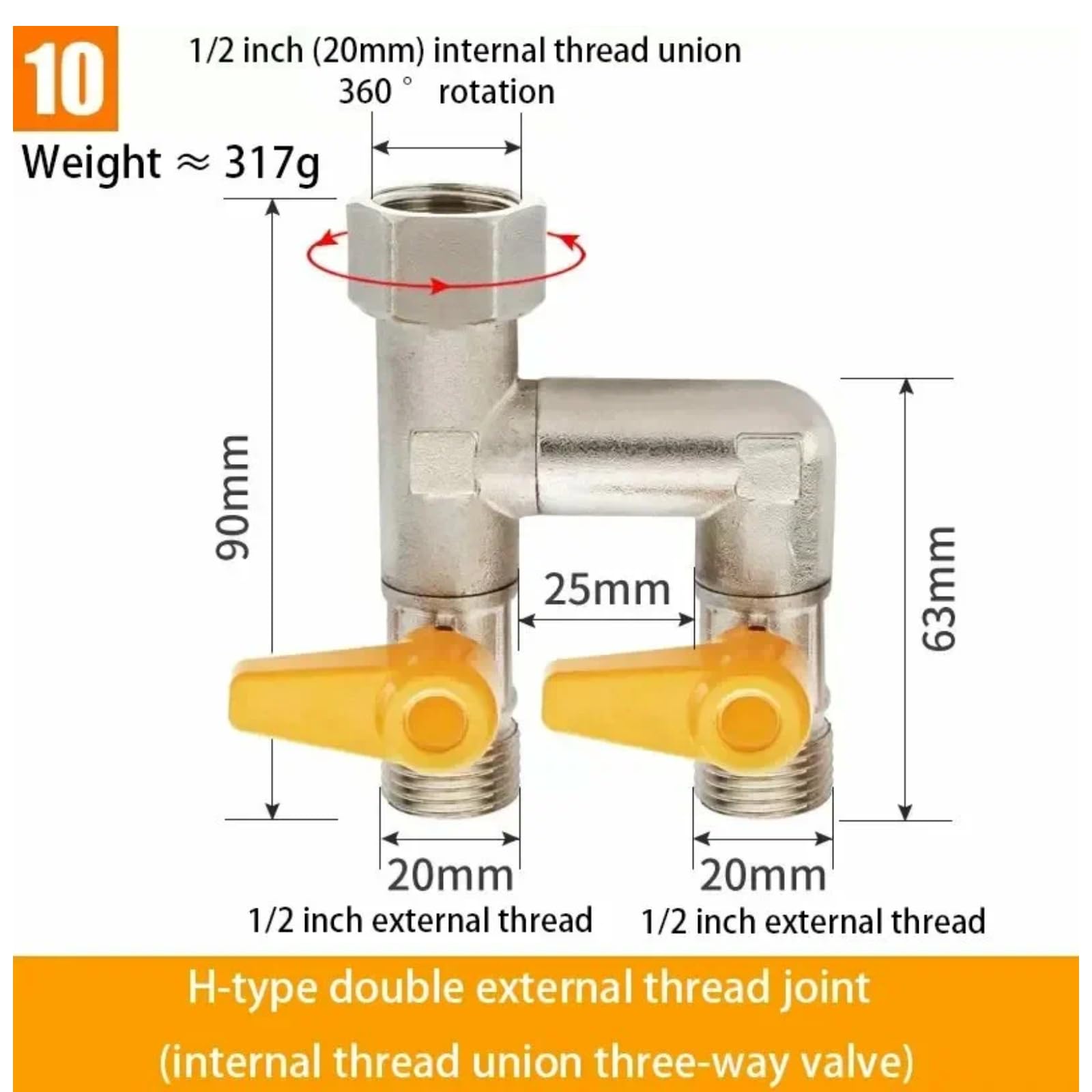 Vanne RéPartiteur 2 Voies, 1/2" Vanne De Gaz Distributeur 2 Voies En H Avec 2 Robinet D'ArrêT, Raccord Vannes De Commutation Robinet Inverseur Diviseur De Tuyau Pour Douche, Lave-Linge, Arrosage
