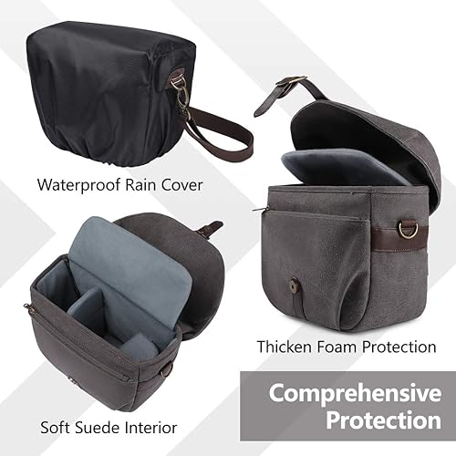 Vista 11 de BAGSMART Bolsa para cámara SLR DSLR, funda cruzada de lona para cámara, bolsa de hombro compacta para cámara con cubierta para lluvia para mujeres