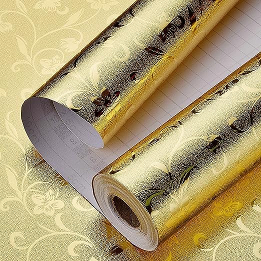 SIA VENDORS Kitchen Oil Proof Sticker Wallpaper Backsplash Aluminum foil Oil self-Adhesive Paper Waterproof Heat Resistant Drawer Sticker (12 X 48 Inch, Jasmine Gold)