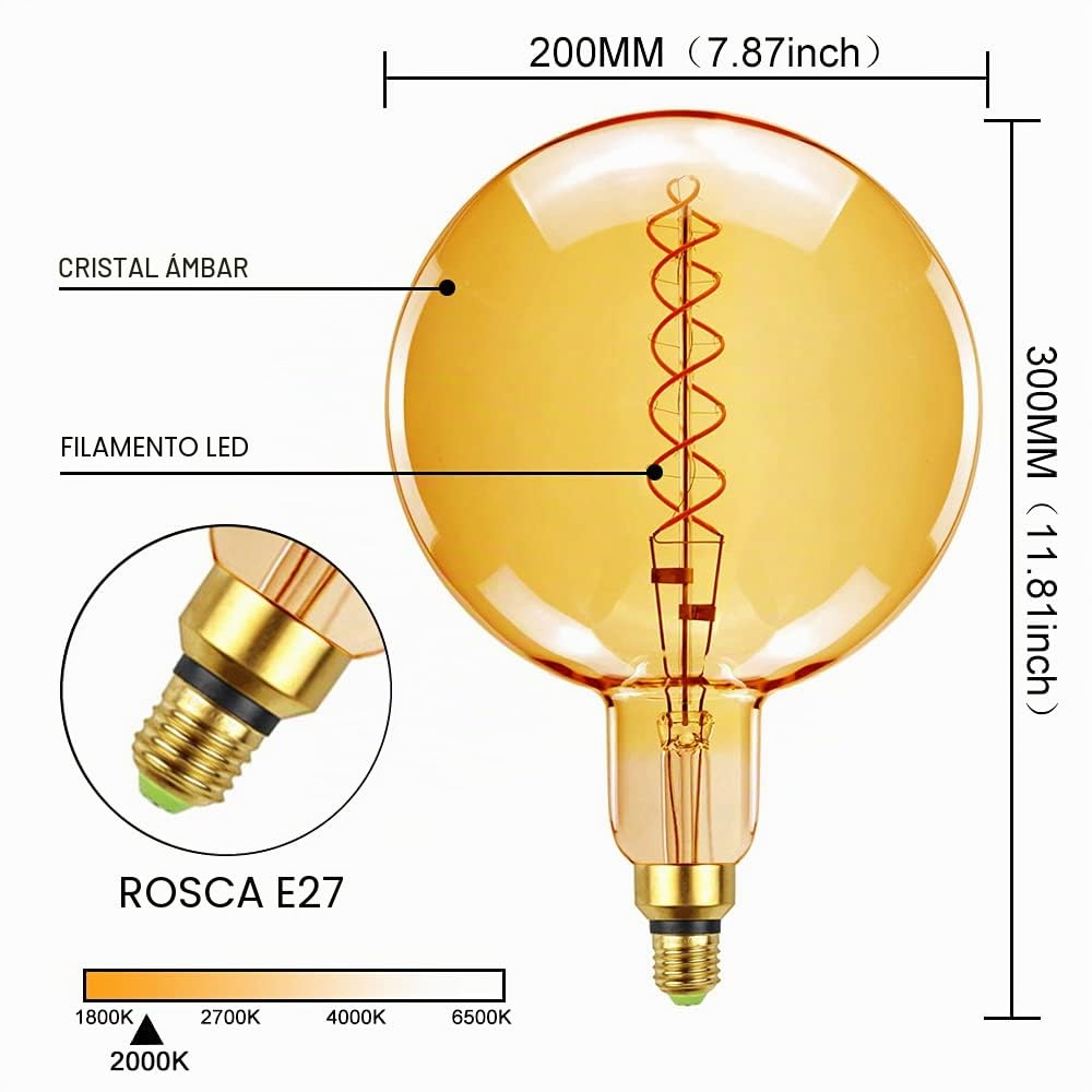 Bombillas LED antiguas Bombilla decorativa gigante 6W Base regulable E27 220 / 240V 300Lumens Super Yellow Warm G200
