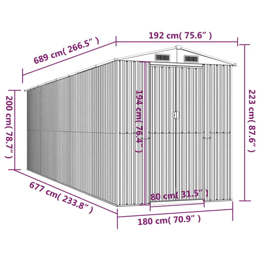Abri de jardin vert 192 x 689 x 223 cm en acier galvanisé
