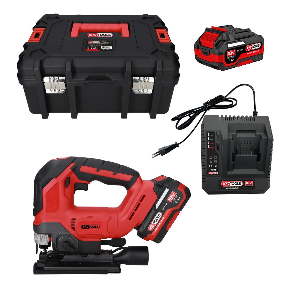 KS Tools - 515.4780F - Sega senza fili 18 V Brushless in scatola con 2 batterie 4 Ah e caricatore - Movimento a pendolo a 4 posizioni - Sega professionale legno metallo alluminio