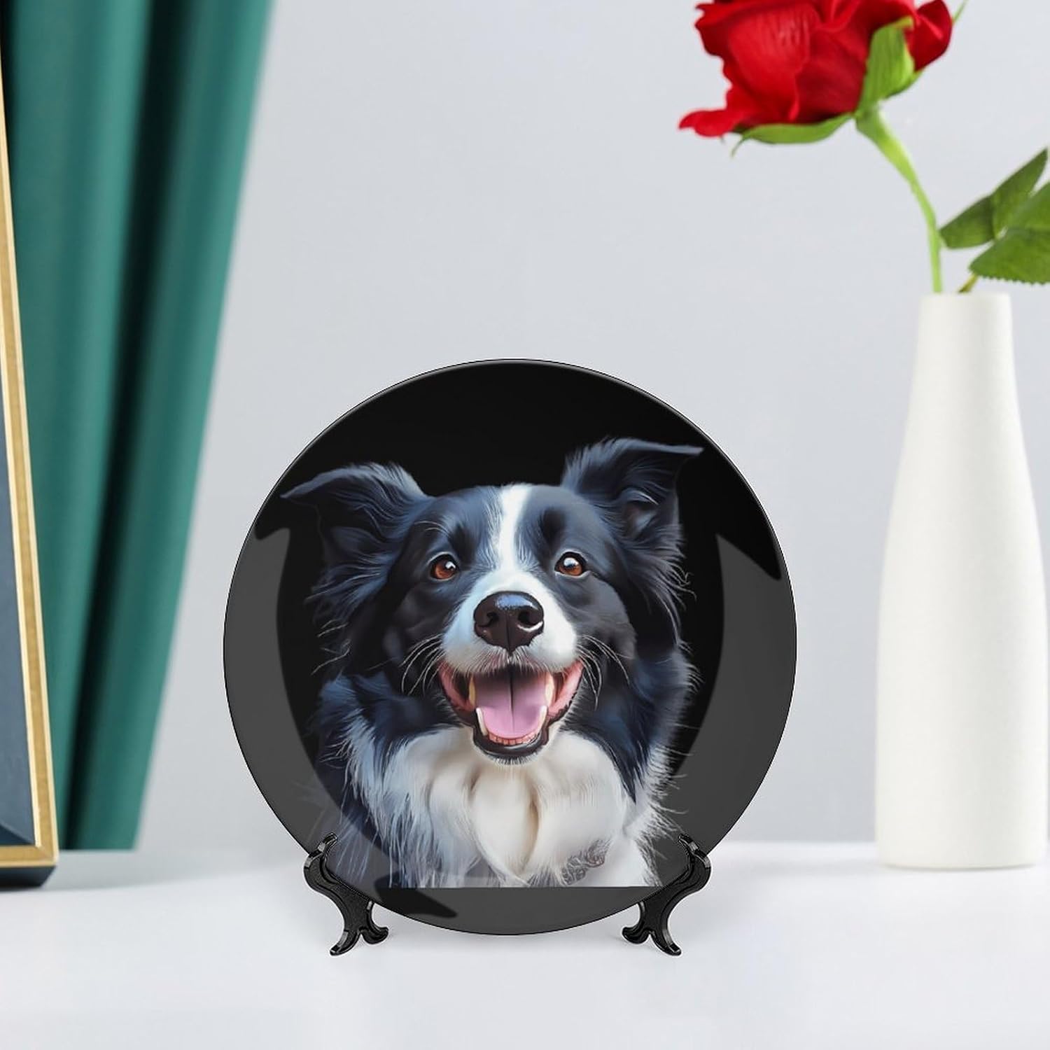 Border Collie Happy Dog Bone China Decorative Porcelain Plates Dinnerware Ornaments