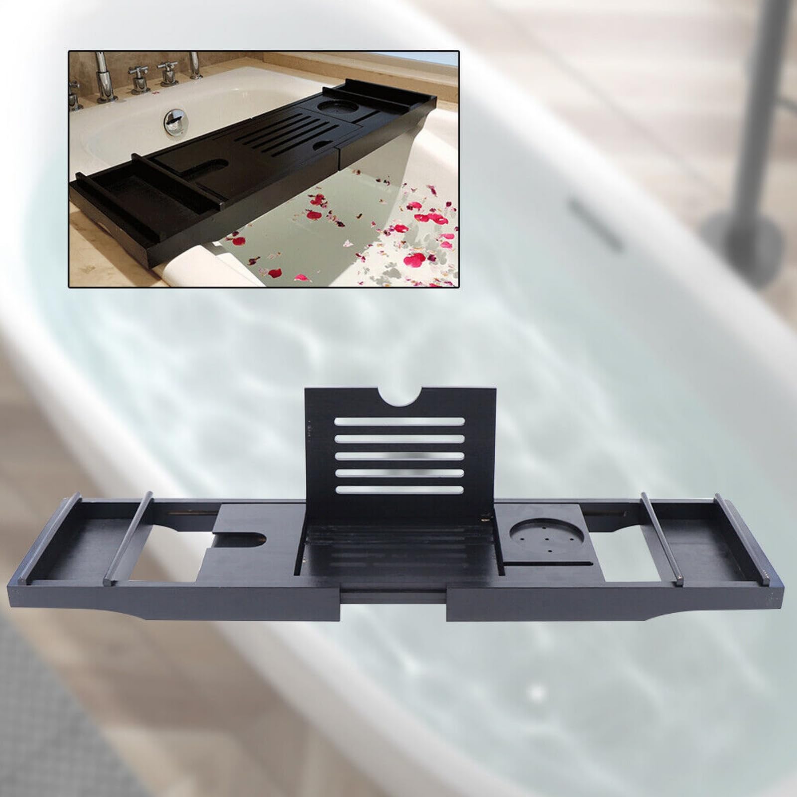 Bandeja de bambú para bañera, bandeja de tabla de bambú para bañera, estante ajustable para bañera y libros, color negro