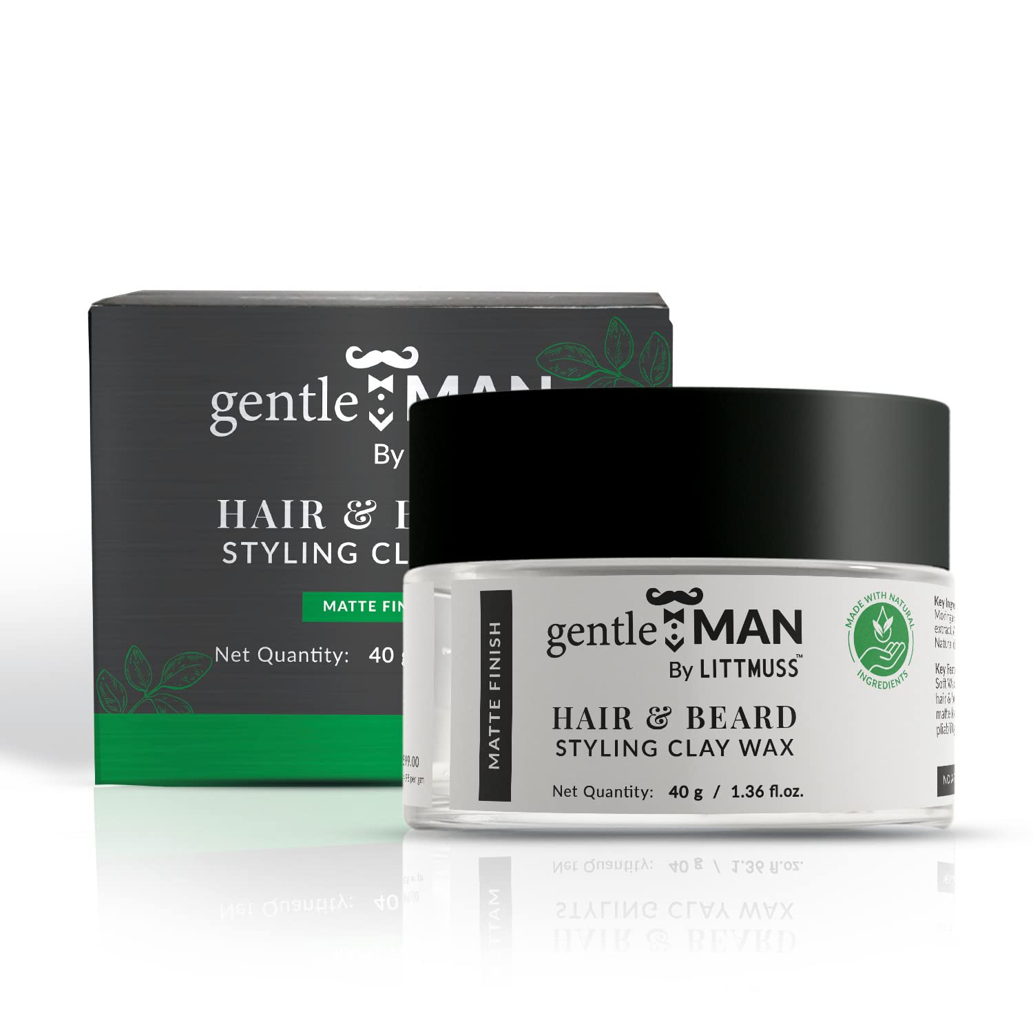 gentleMAN by LITTMUSS Hair & Beard Styling Clay Wax | Matte Finish, Cruelty Free, Vegan | Moringa Seed, Neem Leaf, Methi & Amla Extracts, Almond Oil & Natural Clay 40gm