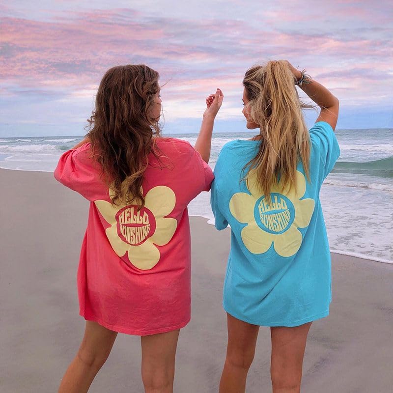 Image of Vintage Oversized Flower Graphic Tees Cute Surfboard Palm Baggy T-Shirts Summer Preppy Beach Tops Teen Girls Clothes