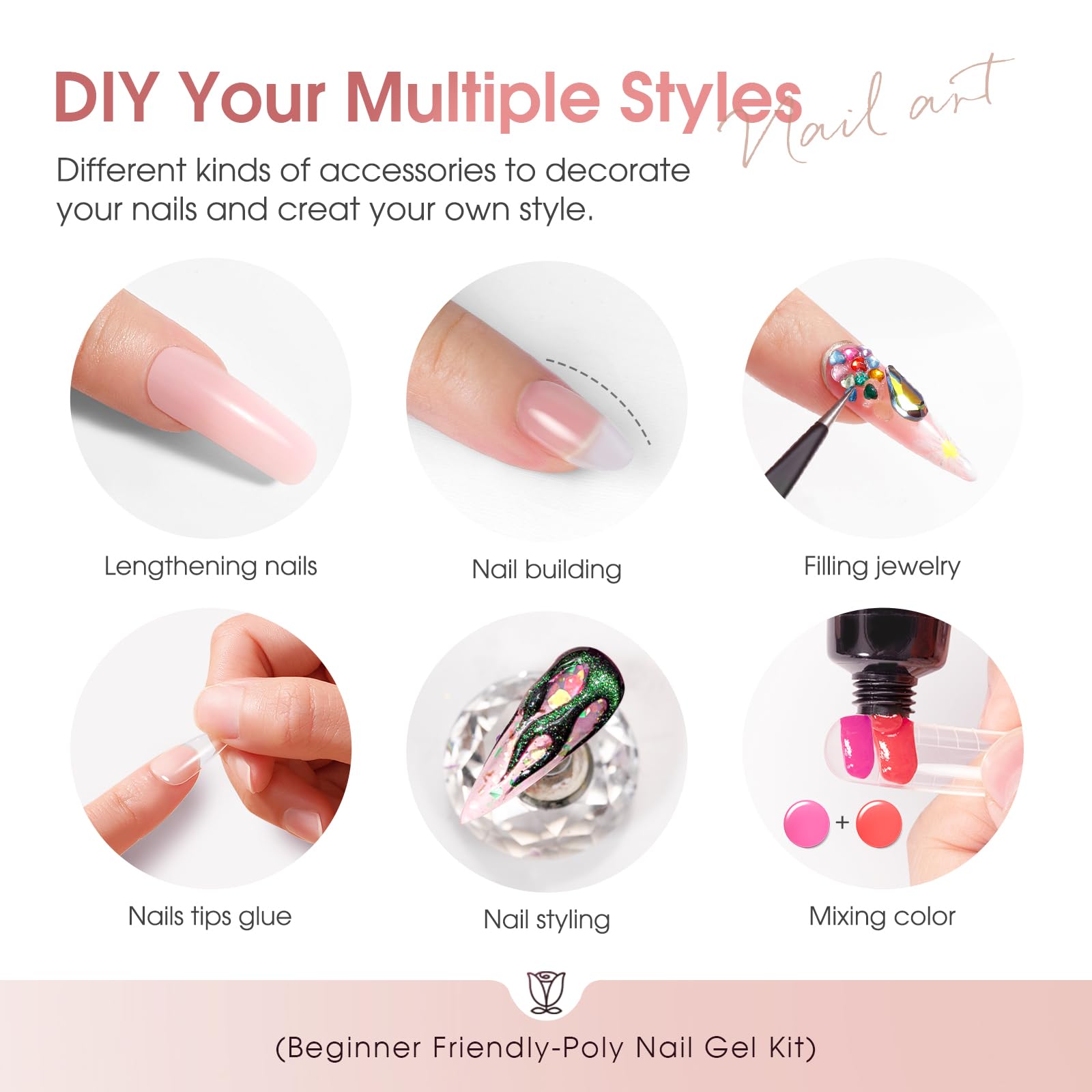 ROSALIND Uñas Poligel Kit Completo, 12pcs 10ml Gel Extensión de Uñas con UV Lámpara, Base&Top Coat, Nail Art Kit Uñas de Gel Completo para Bricolaje en Casa & Profesionales Salón