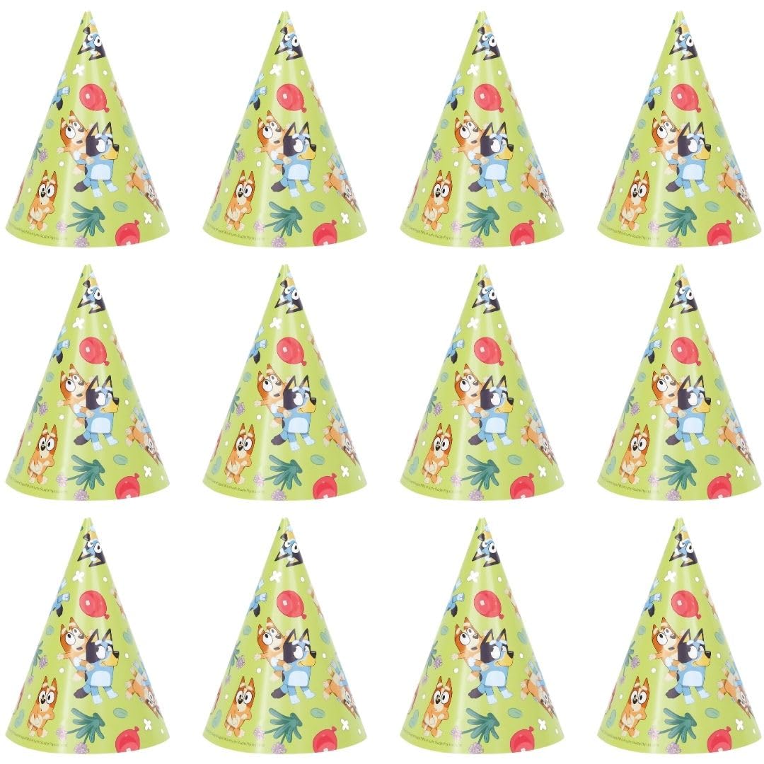 Unique Multicolor Bluey Party Hats - 8 Count | Vibrant Paper Hats with Unique Bluey Designs - Perfect for Kids' Birthdays & Celebrations, One Size Fits Most
