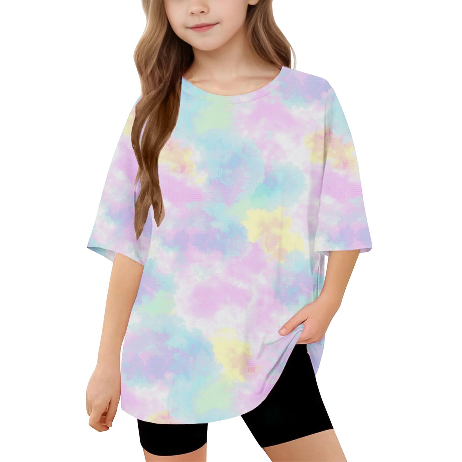 Girls Short Sleeve Oversized T Shirts Kids Summer Crewneck Tops Basic Tees Cute Printed Graphic Tee Casual Loose Fit Baggy Tops Blouse Plus Size Girl Fashion Trendy Outwear Clothes 5-15 Years