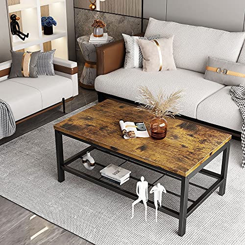 Hooseng Industrieller Couchtisch mit schwarzem Metallgestell Wohnzimmertisch mit Metallgitterablage