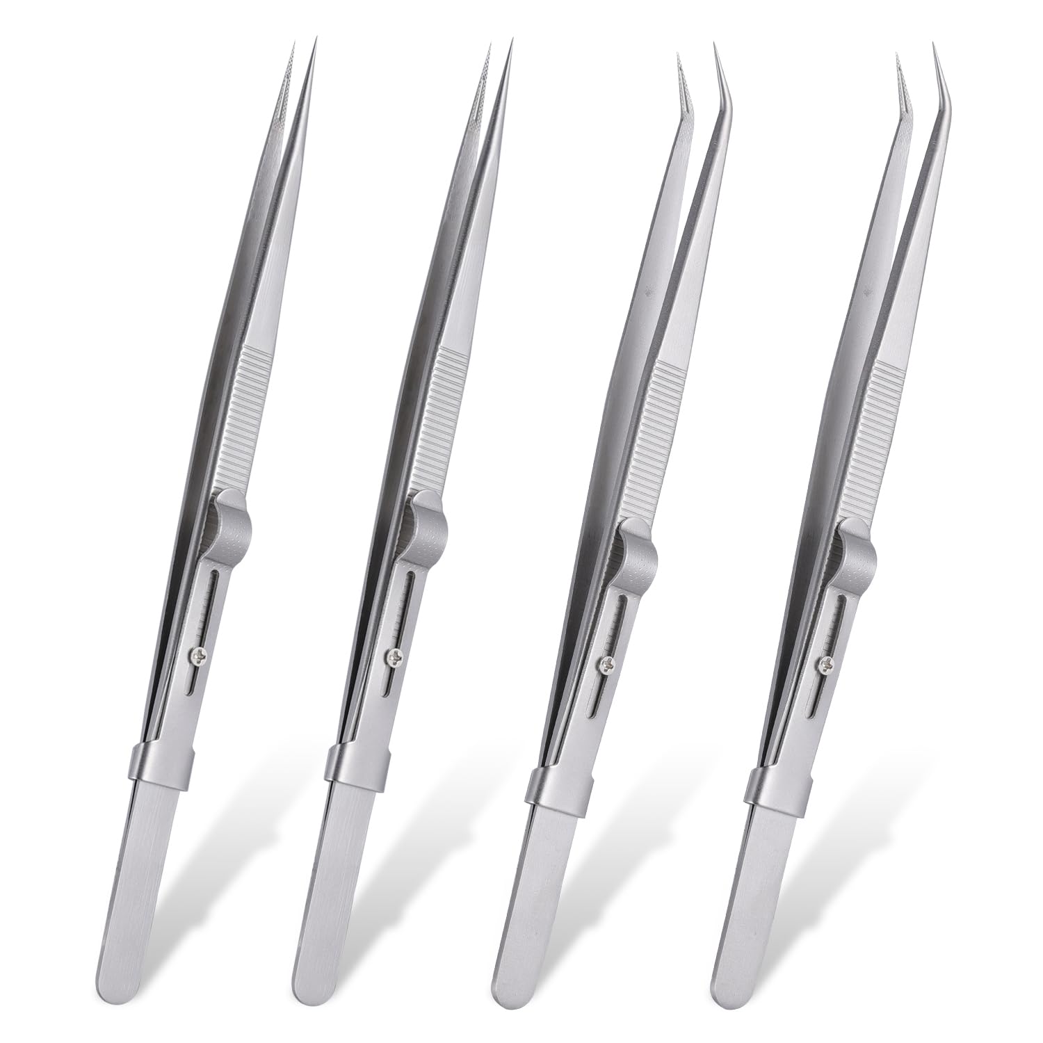 4 Pieces Diamond Tweezers Professional Jewelry Gem Tweezers Precision Tweezers Stainless Steel Pointed Tip Tweezers with Slide Locking and Gem Slot for jewelry making