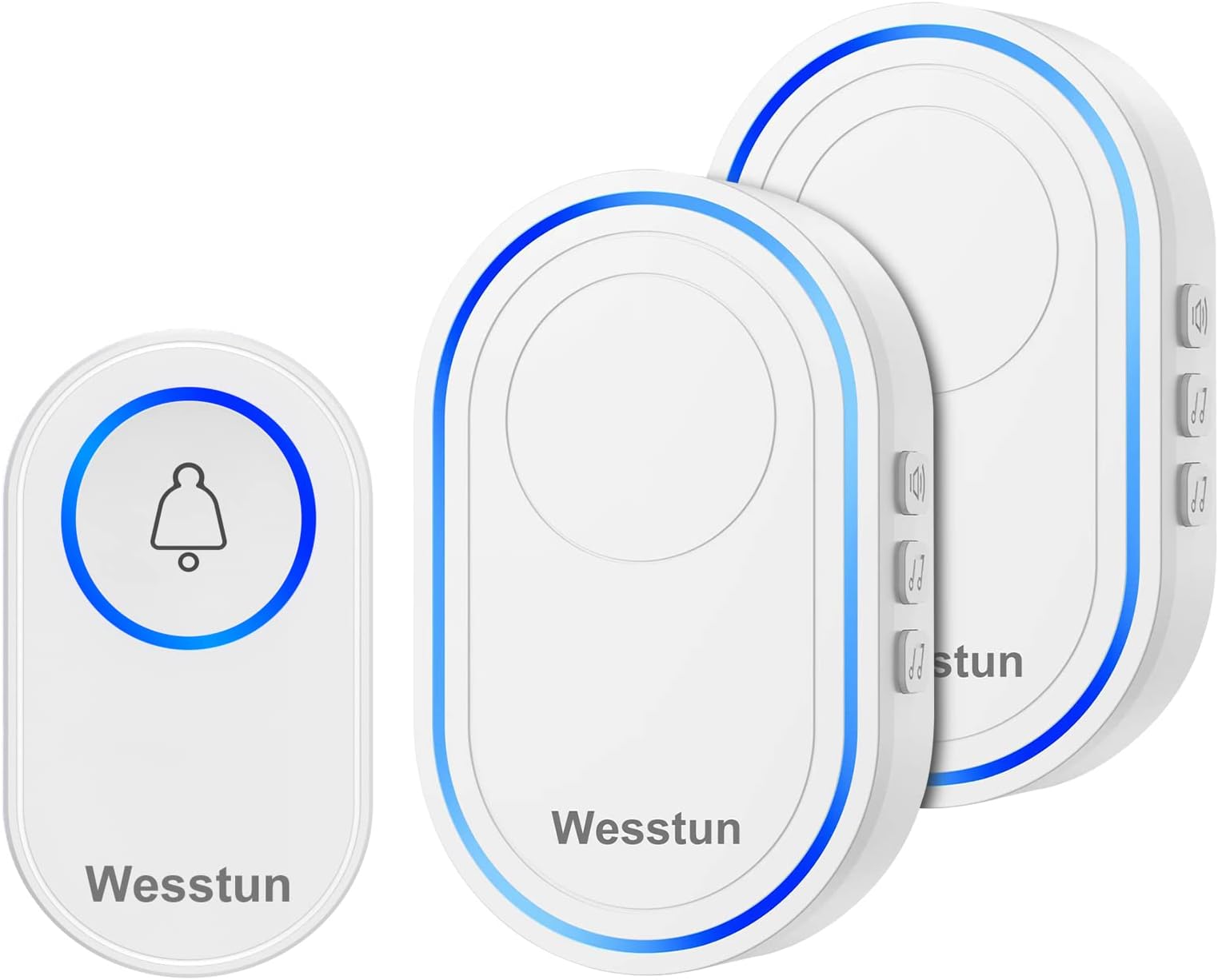 Wireless Doorbell 2 Receivers, IP67 Waterproof Door Chime Kit Operating at The Range of 300m, 2 Plug-in Door Bell Receivers with 39 Ringtones, LED Light & 5-Level Volume Control, White