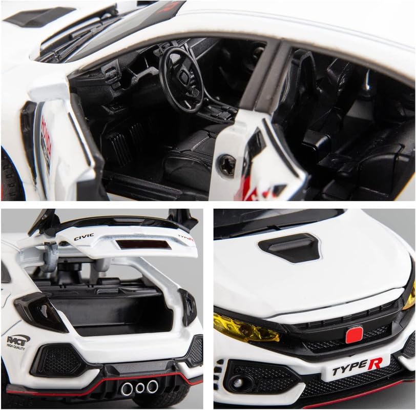 Image of PINQUE Kids New Car 1:32 Civic Type R Diecast Alloy Metal Pull Back Car with Openable Doors Music Sound and Light Vehicle Toy Car for Boys (White)