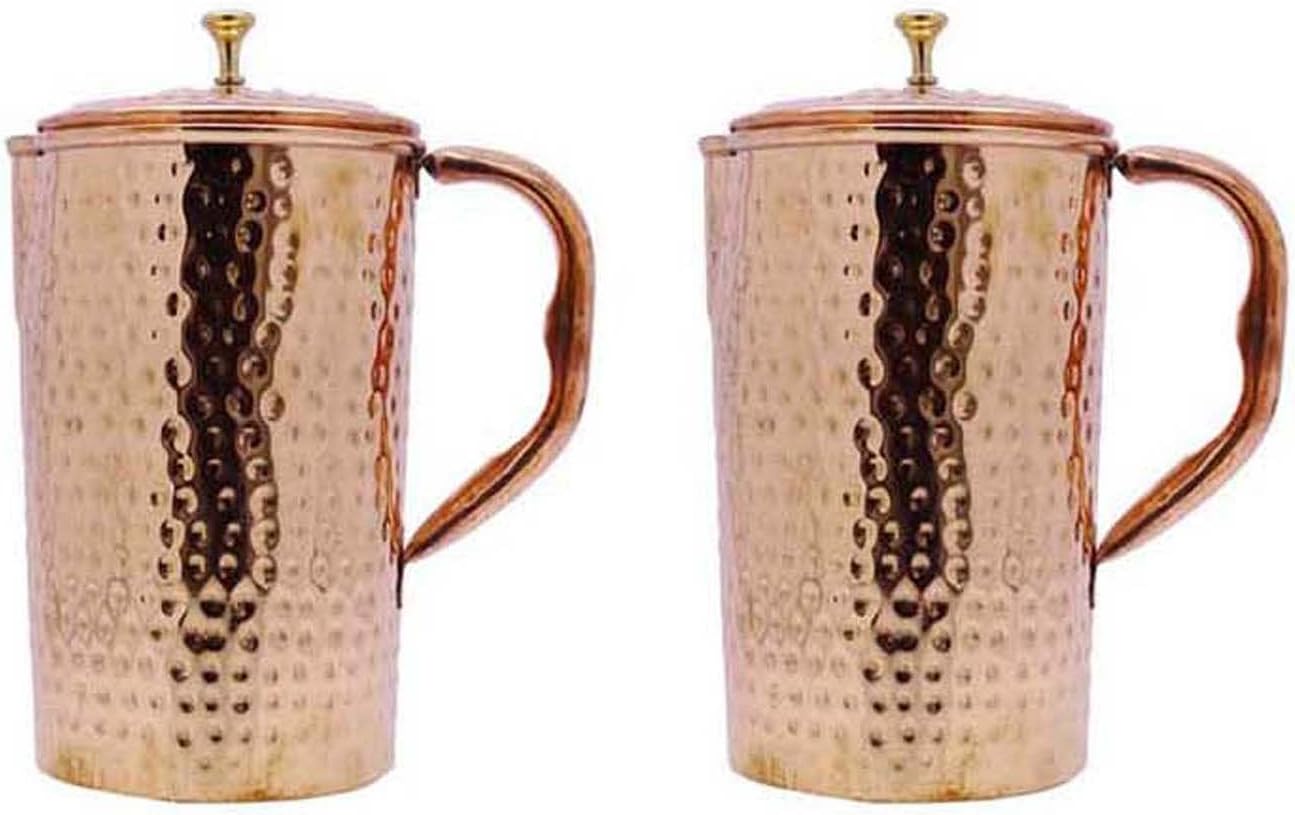2 Pcs Copper Hammered 1.5 Ltr Jug Pitcher Lid Drinkware Ayurveda Health Benefits