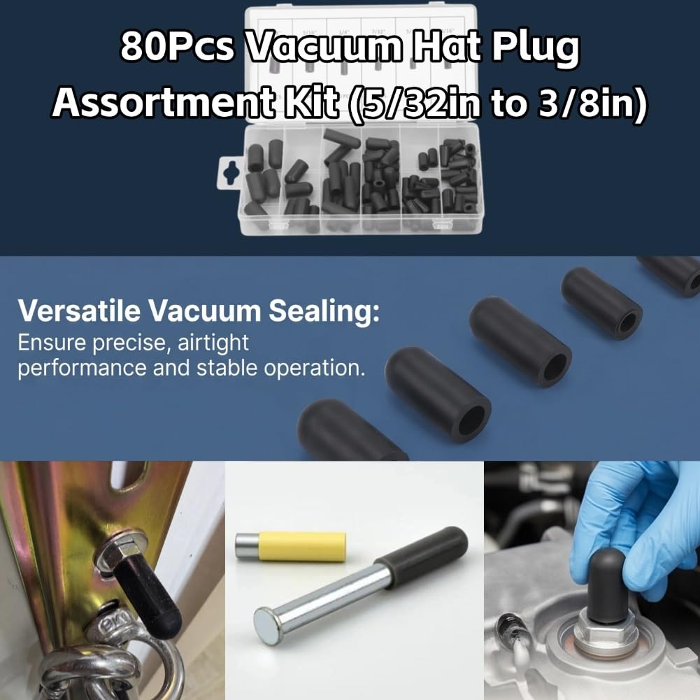 Kit de Tapones de Vacío 80 Uds., 5/32" a 3/8", Resistente a Altas Temperaturas, Goma, Negro
