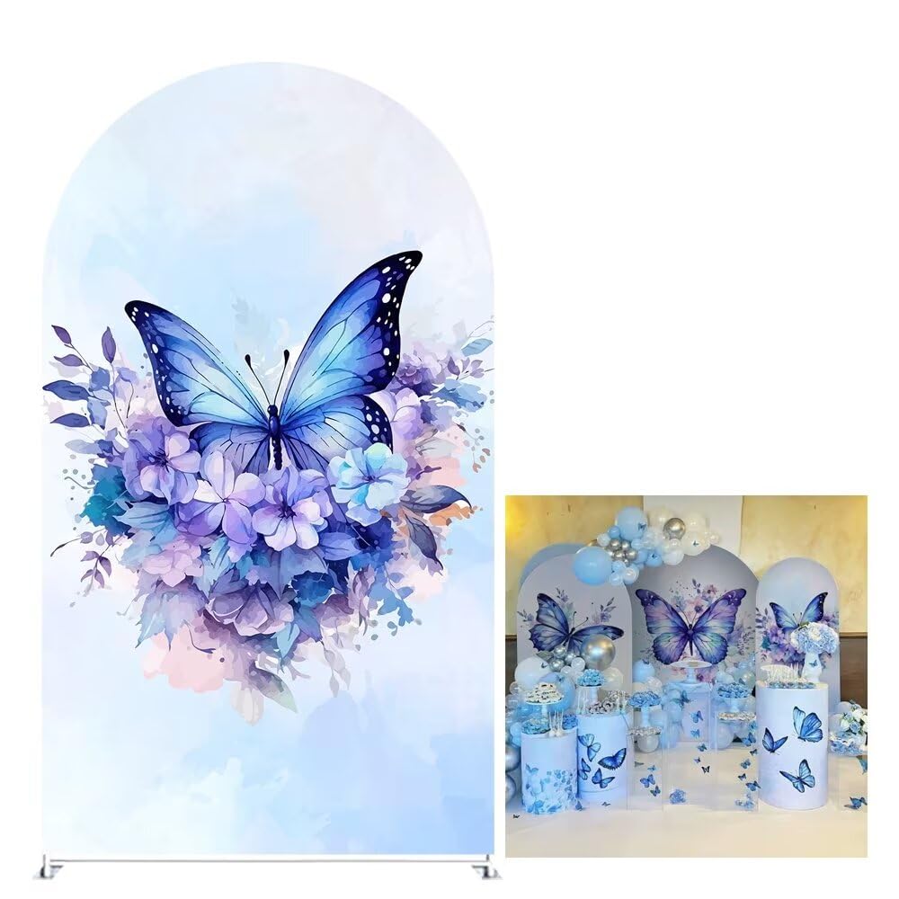 Iydamc Butterfly Happy Birthday Arched Backdrop Covers Photography Background Watercolor Floral Butterflies Arch Stand Covers for Wishes Party Decor