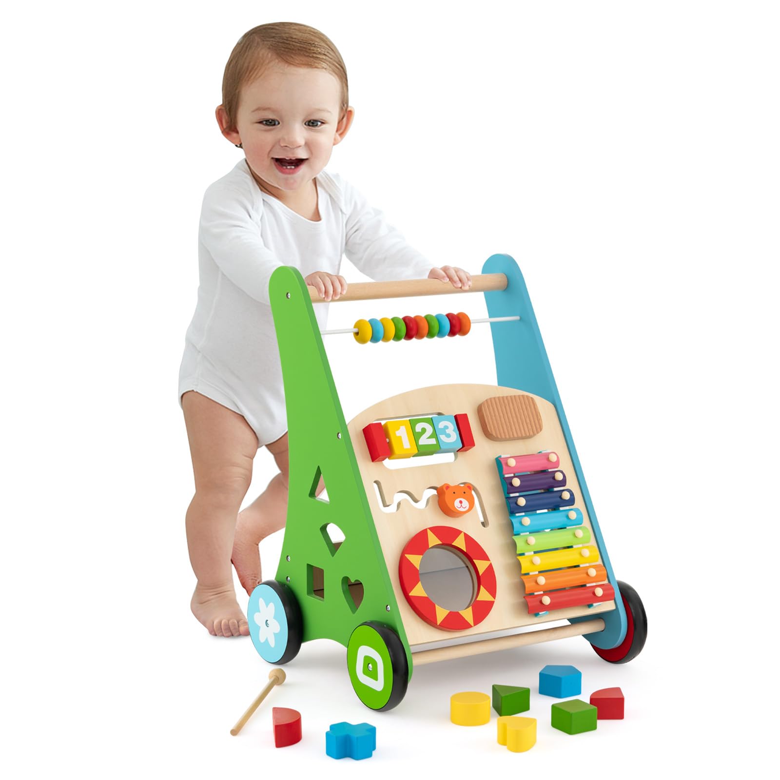 Carrello Primi Passi In Legno RELAX4LIFE – 7 In 1 Con Xilofono, Labirinto, Specchio, Blocchi E Martello, Per Bambini 1+ Anni (rosa)