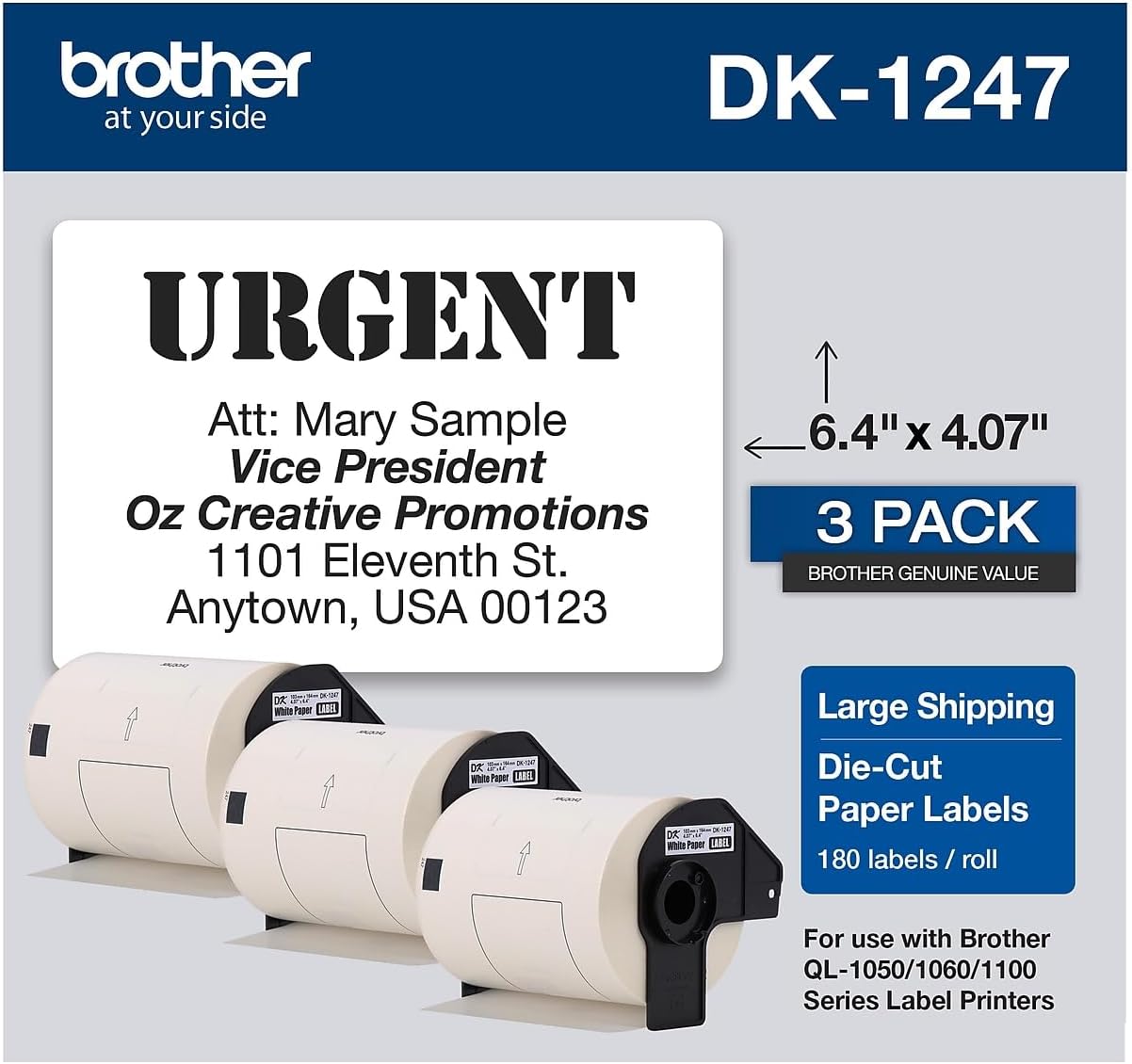 Genuine DK-12473PK Die-Cut Large Shipping Paper Labels, 4.07 in x 6.4 in (103 mm x 164 mm) Large Shipping White Paper Labels, 180 Labels per Roll, (3) Rolls per Box, DK12473PK