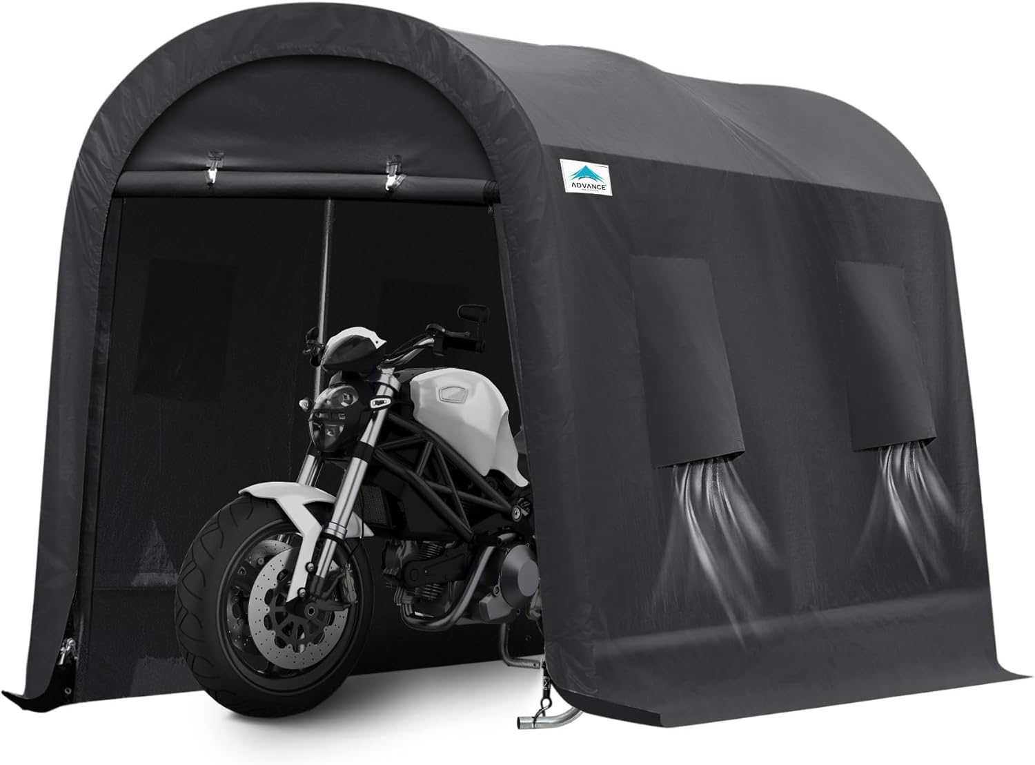 ADVANCE OUTDOOR 7x12 ft Shelter Storage Shed Steel Metal Round Peak Roof Portable Garage Carport for Motorcycle, Boat, or Garden Tools with 2 Roll up Doors & Vents, Gray