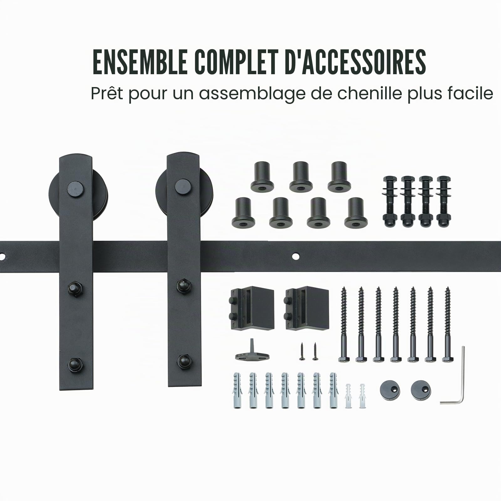 VEVOR Kit Quincaillerie de Porte Coulissante de Grange 244 cm Rail Porte Coulissante Convient Porte Simple Largeur 1,12-1,32 m Épaisseur 32-45 mm Charge 150 kg Poulie Silencieuse Forme I pour Maison