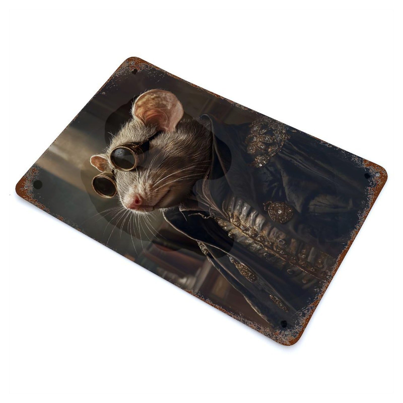 Weathered Tin Sign with Cool Rat in Goggles Fashion Design 11.8"x7.9", for Basement, Hobby Room And Garage Decor, Industrial Home Decor