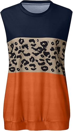 Miniatura 4 de Womens Tops Dressy Casual Tank Tops Leopard Printed Crewneck Loose Color Block Lightweight Summer Sleeveless Shirts