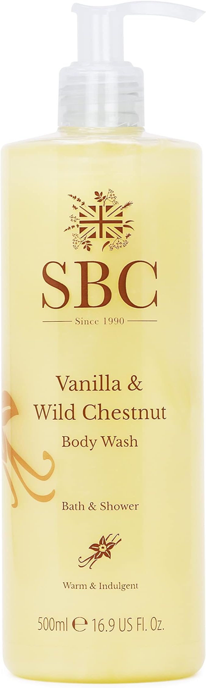 SBC Skincare Vanilla & Wild Chestnut Body Wash - 500ml | Indulgent Shower Cream For All The Family | Cleansing Shower Gel | Vegan Friendly | SLS And Silicone Free